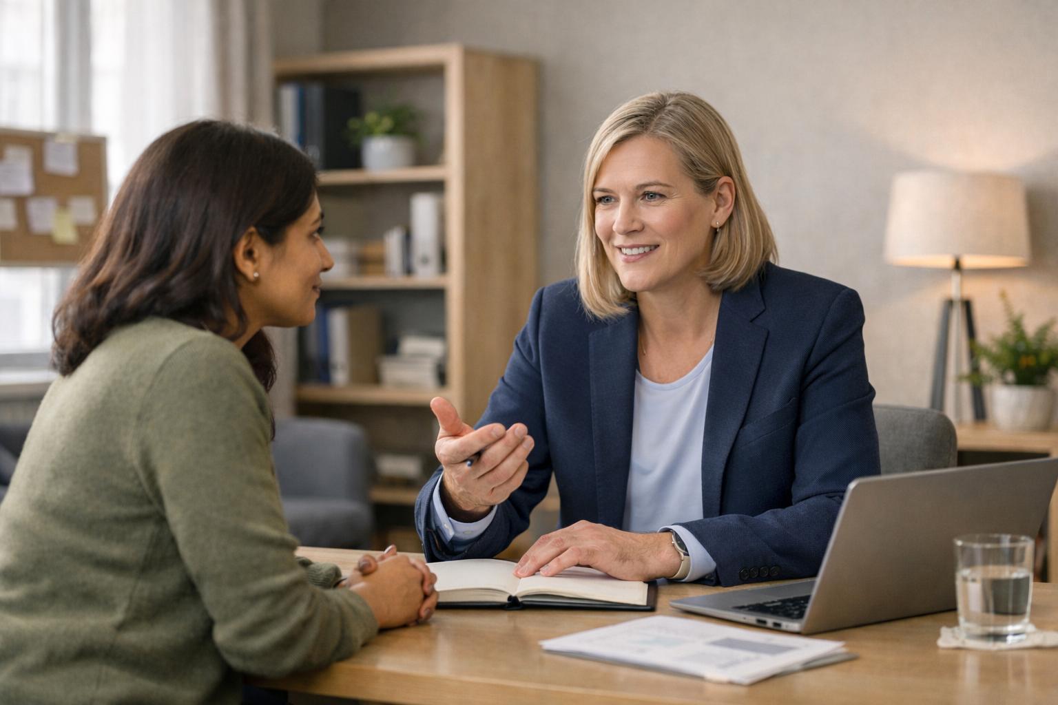 Two colleagues talking across a desk during a one-to-one meeting