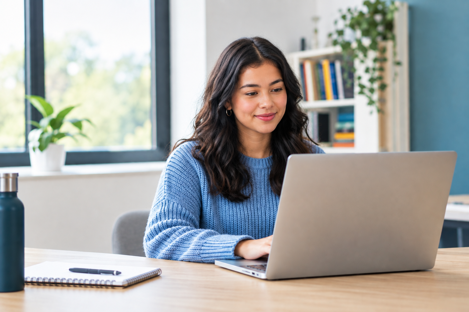 An apprentice using a laptop in a bright learning space