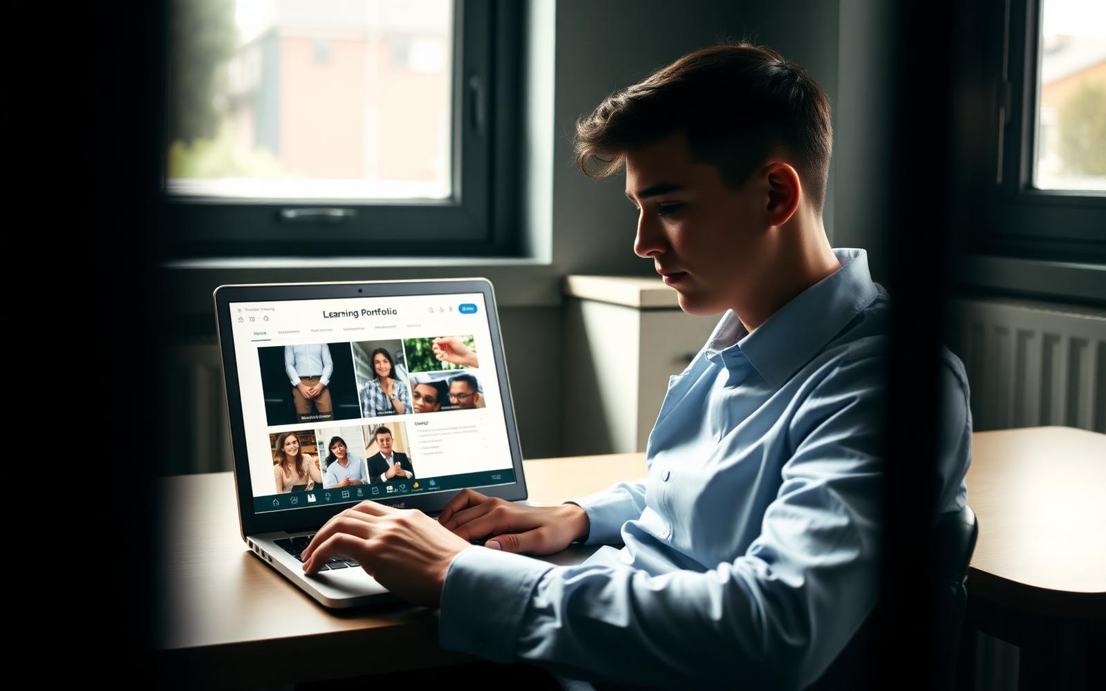 An education apprentice updating their online learning portfolio on a laptop