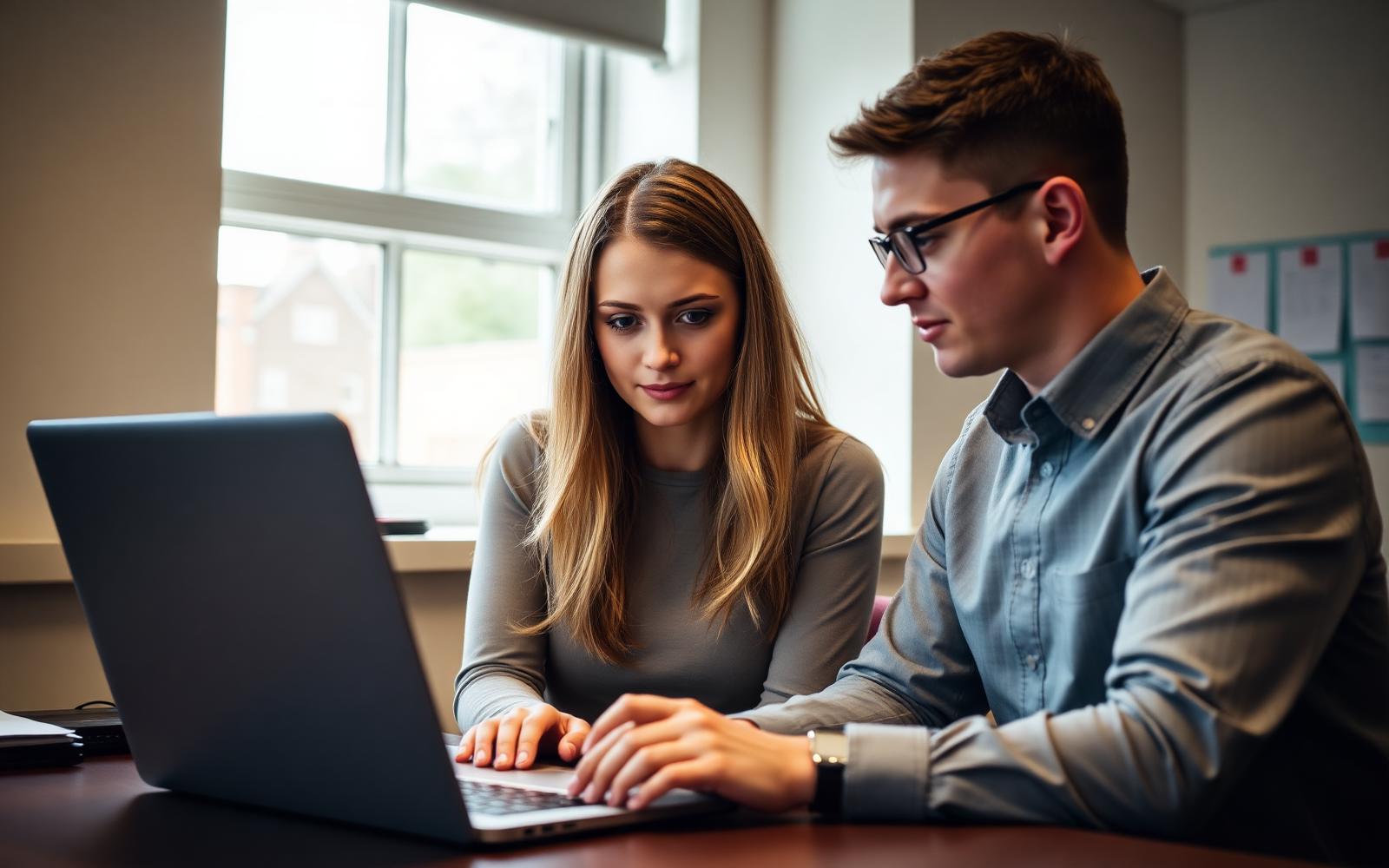 A school line manager and an apprentice reviewing progress together on a laptop
