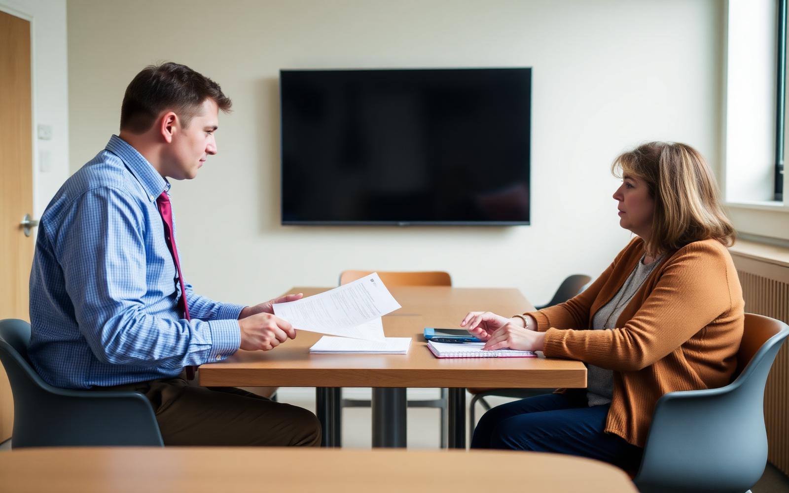 A professional discussion taking place across a table in a school meeting room