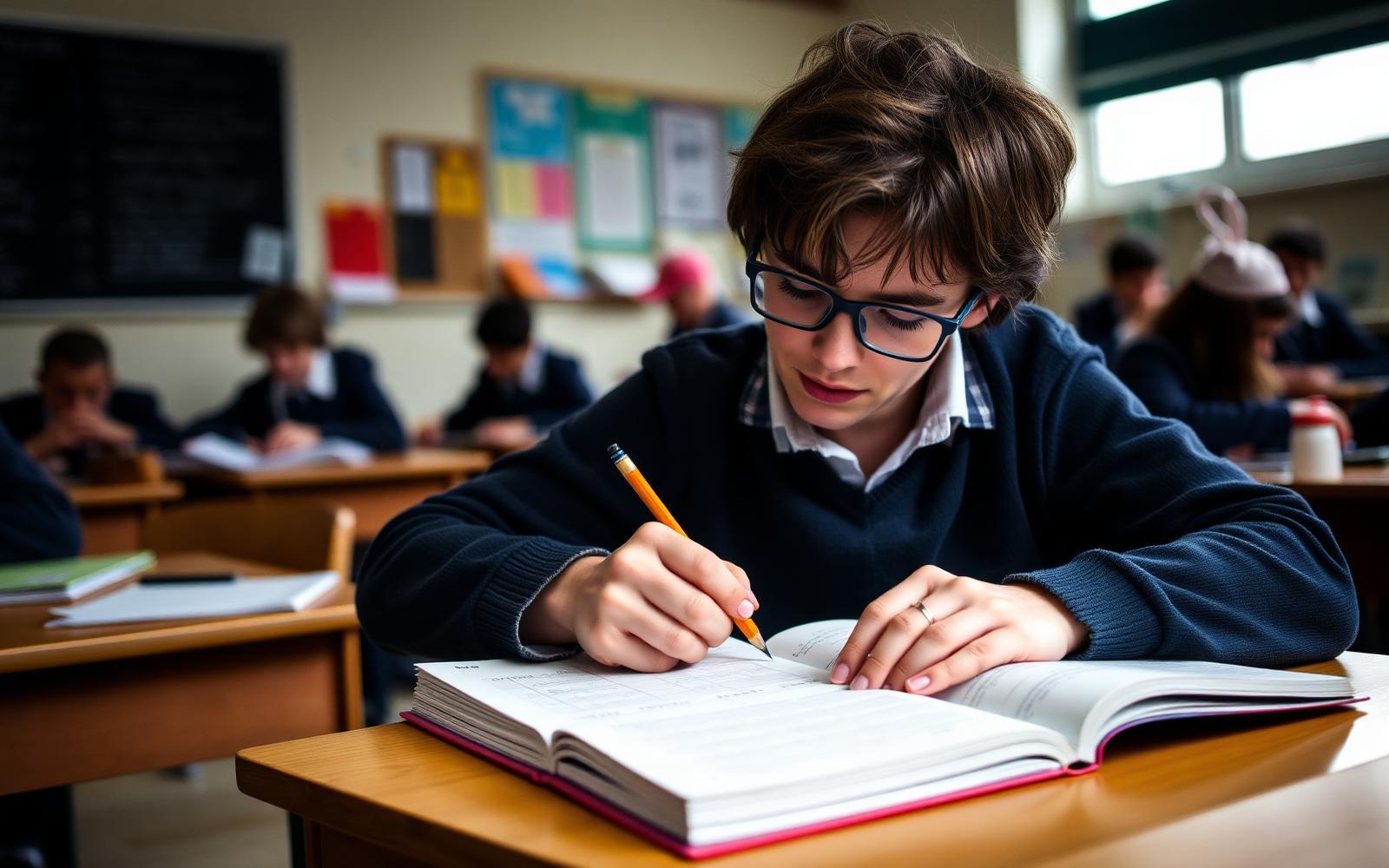 An adult learner working through English and maths practice questions at a desk