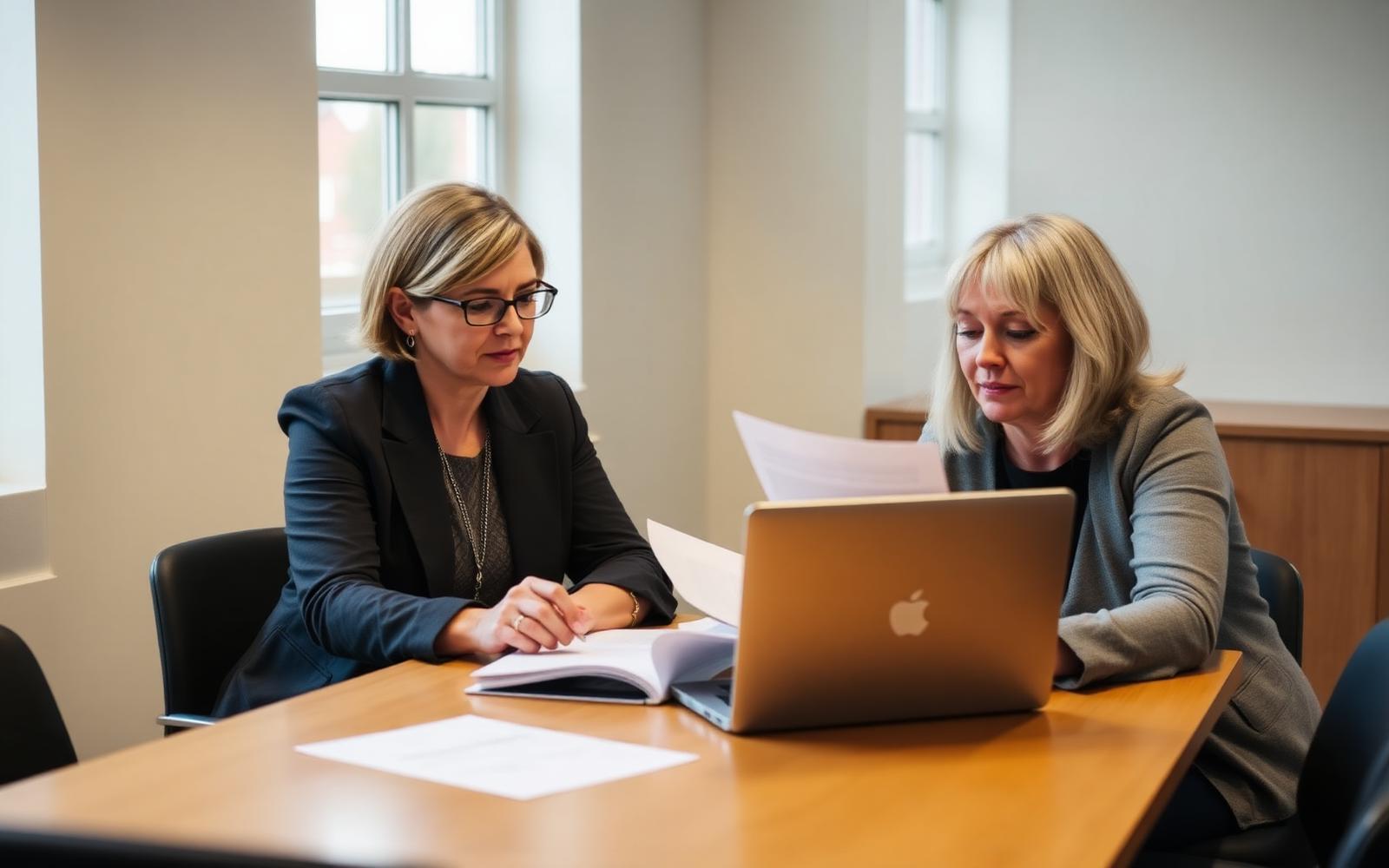 Two trust finance leaders reviewing apprenticeship budget documents in a school office