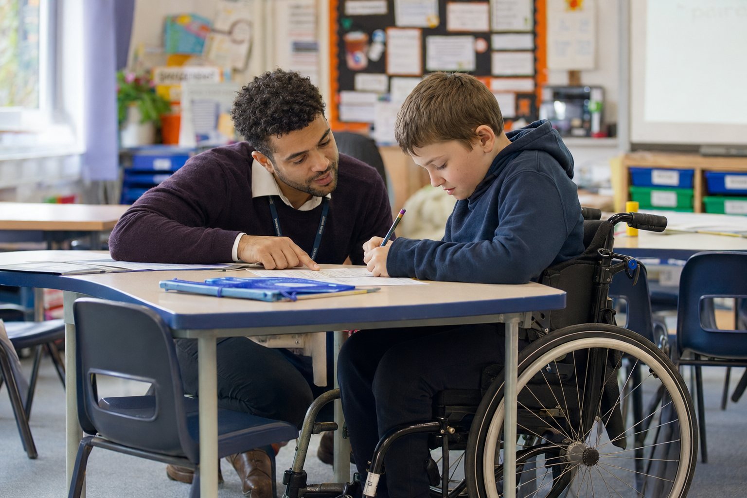 Teaching assistant reading with a child in a UK primary classroom
