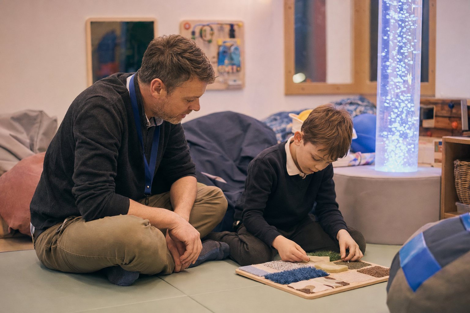 Specialist teaching assistant supporting a child in a UK primary classroom