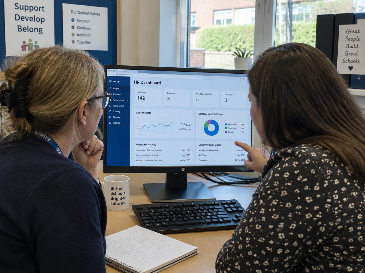 Two school HR staff reviewing an online dashboard together